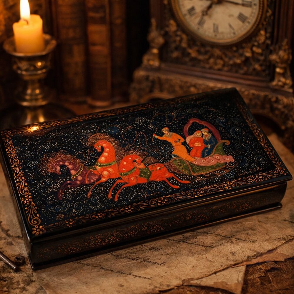 Vintage Russian Hand-Painted Lacquer Box – Troika Sleigh Scene – Signed w/ Ce